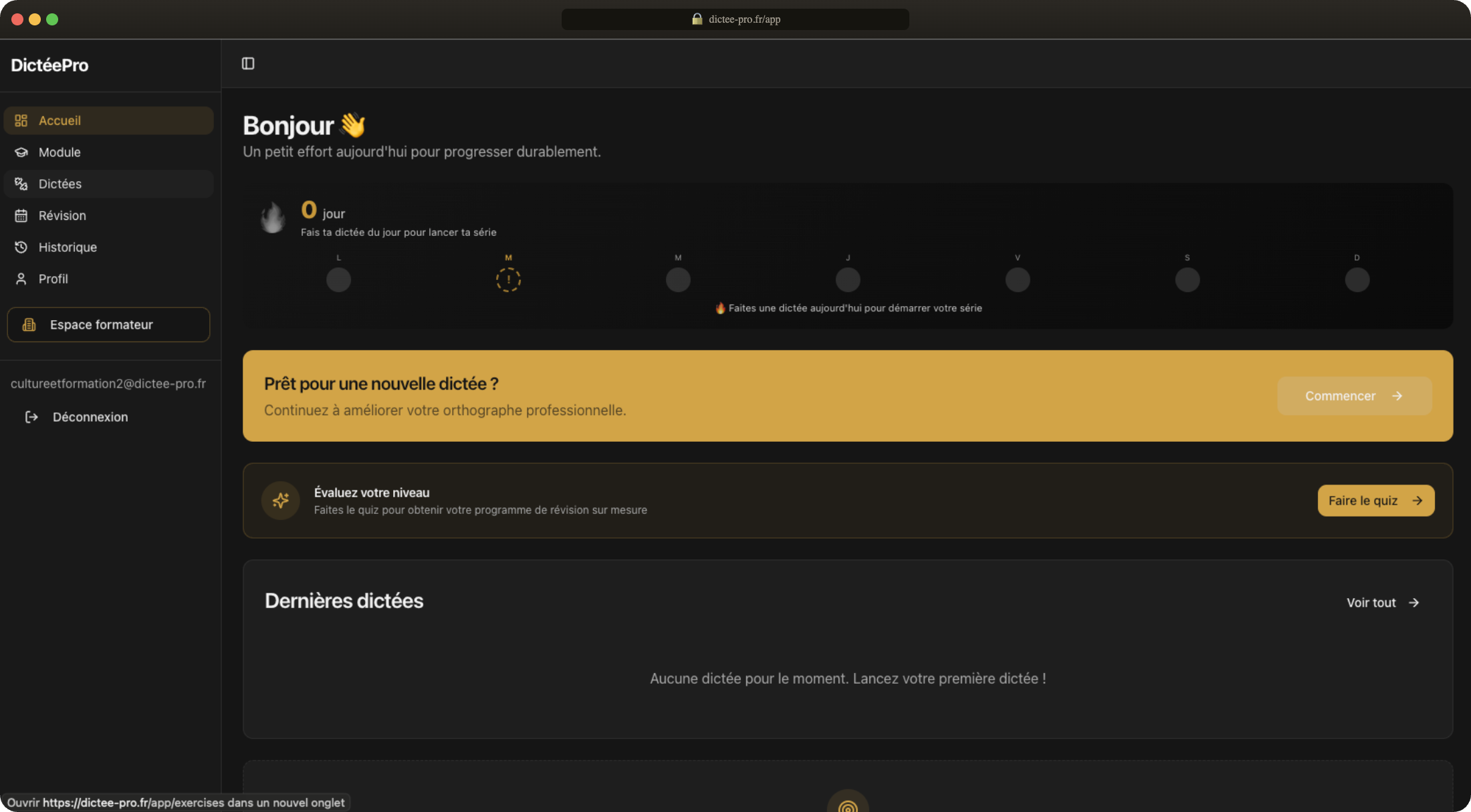 Tableau de bord DictéePro sur le web