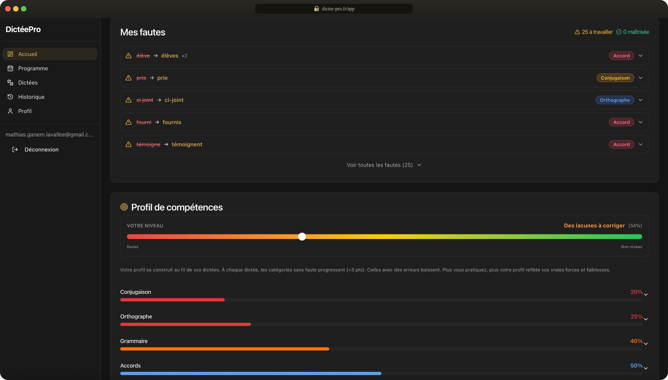 Profil de fautes sur le web