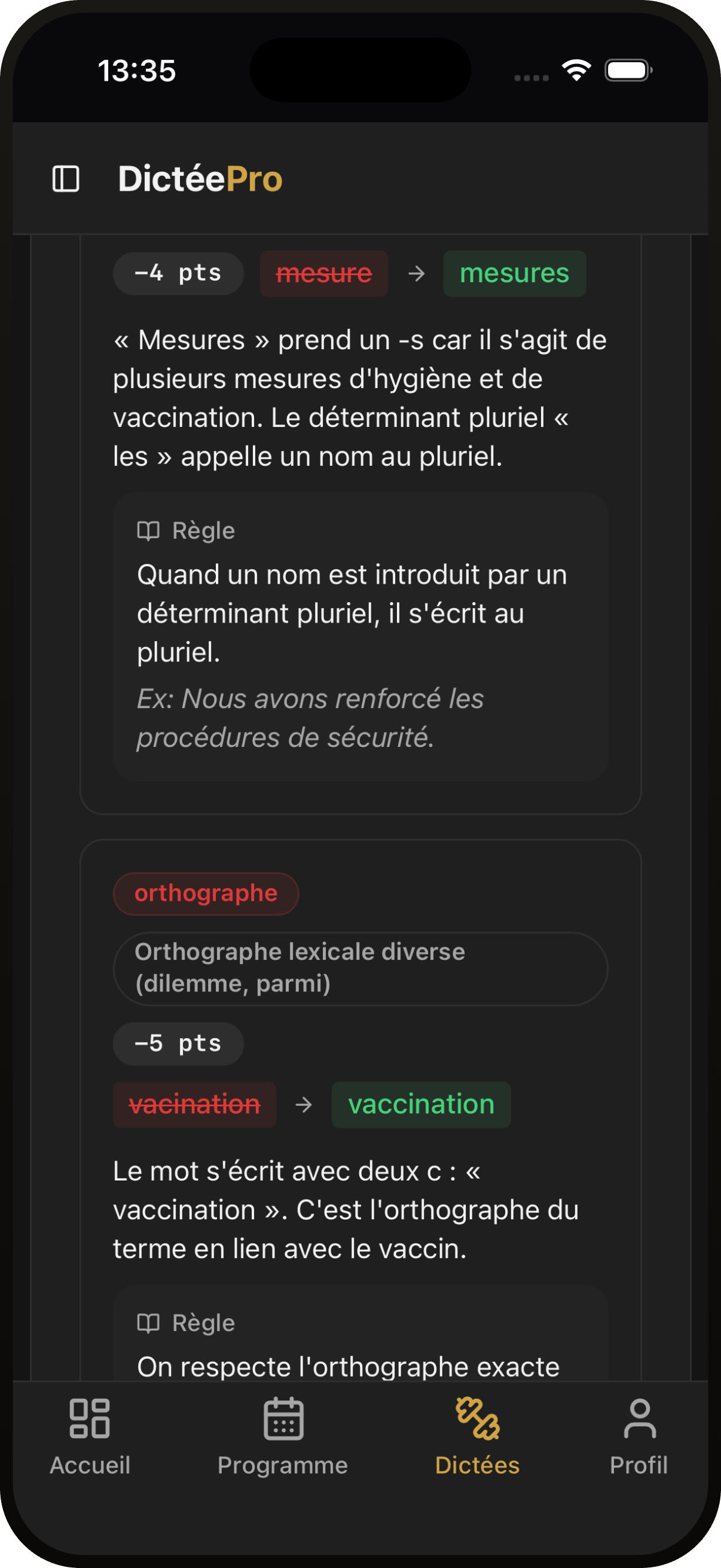 Correction détaillée sur mobile