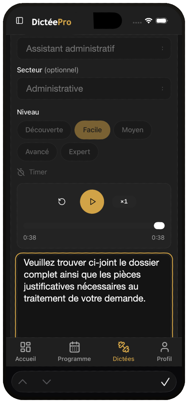 Écran de dictée DictéePro sur mobile