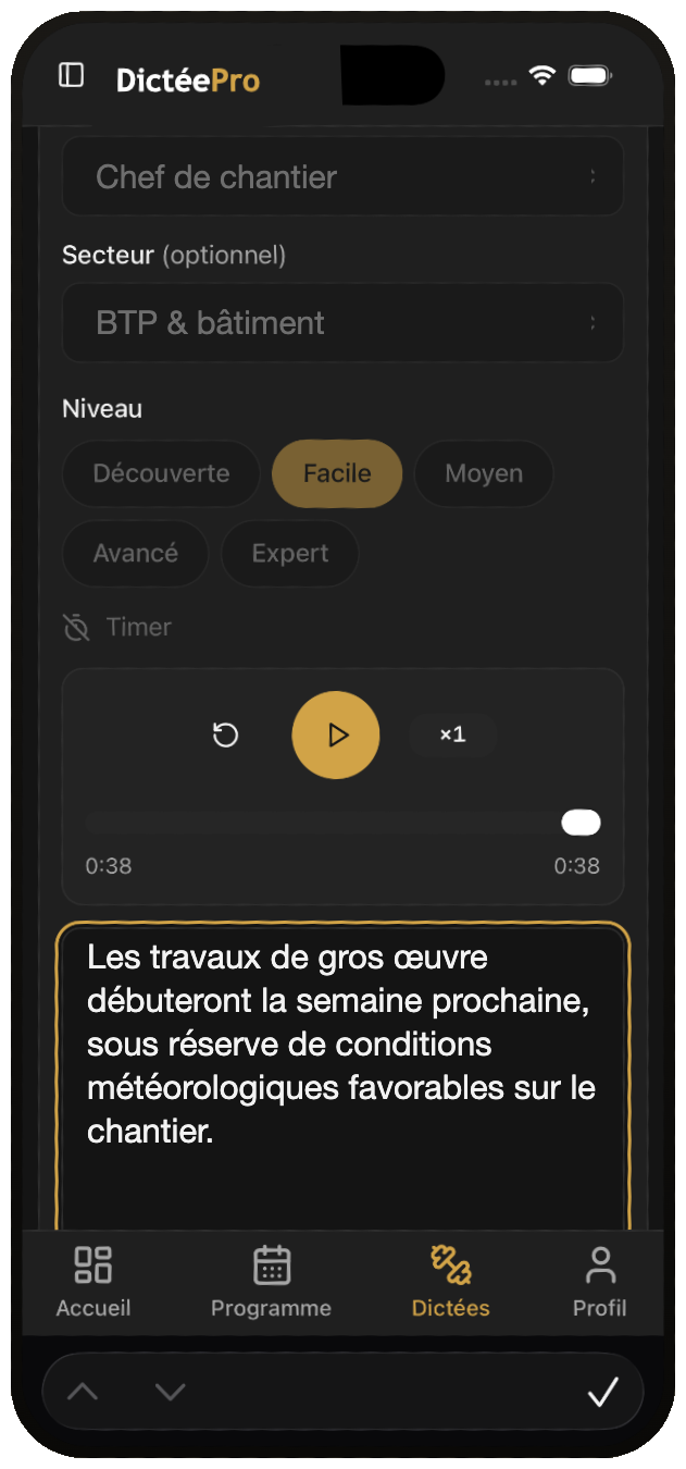 Écran de dictée DictéePro sur mobile