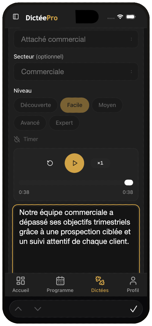 Écran de dictée DictéePro sur mobile