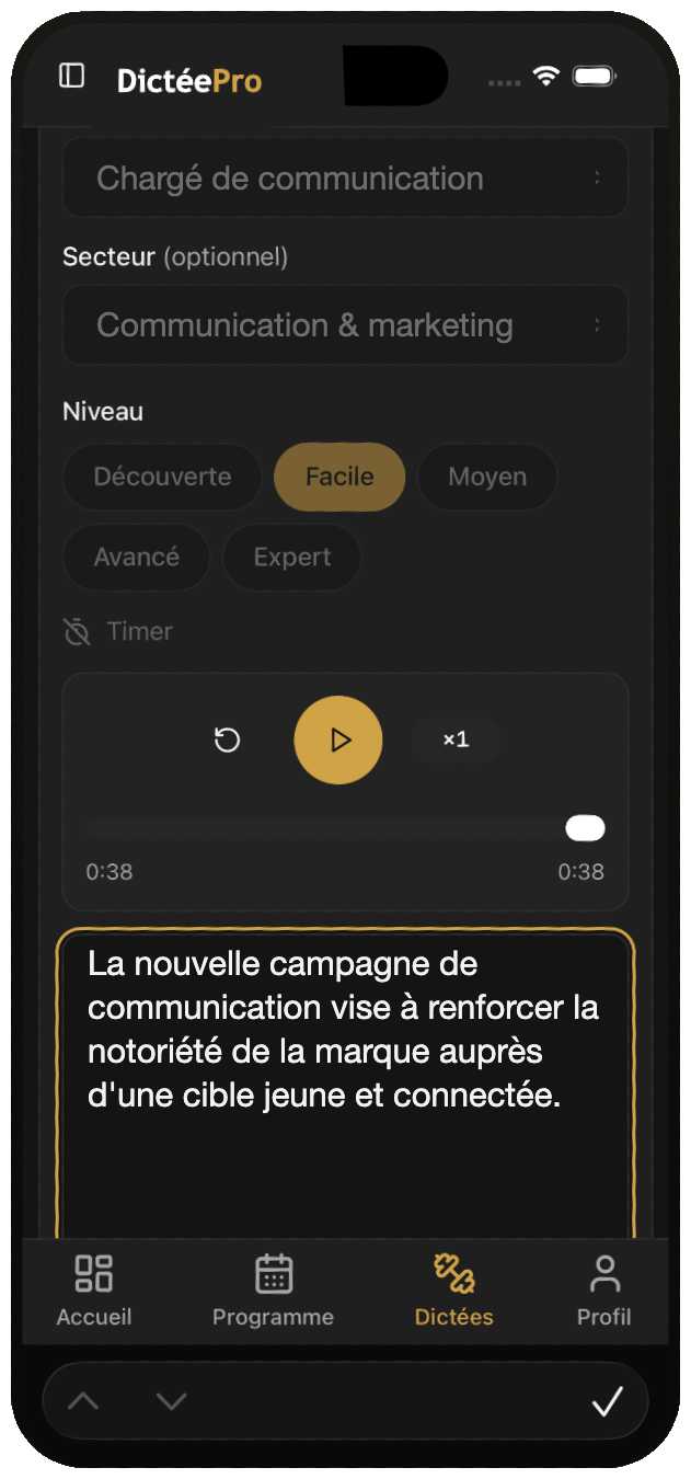Écran de dictée DictéePro sur mobile