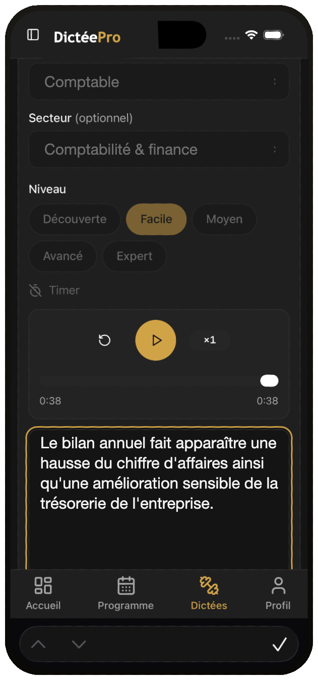 Écran de dictée DictéePro sur mobile