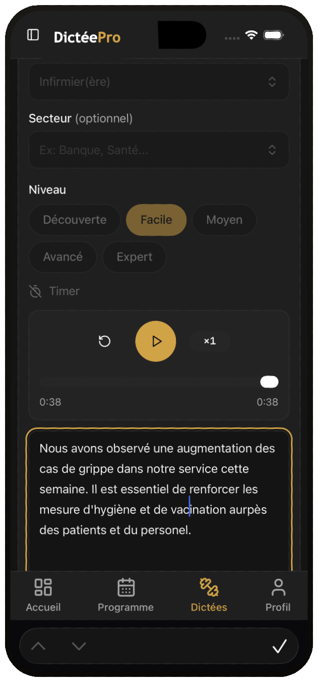 Écran de dictée DictéePro sur mobile