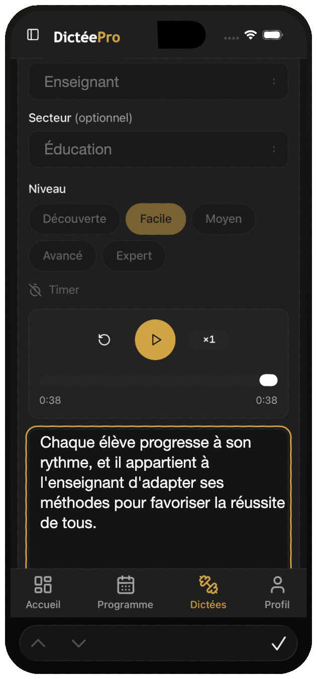 Écran de dictée DictéePro sur mobile