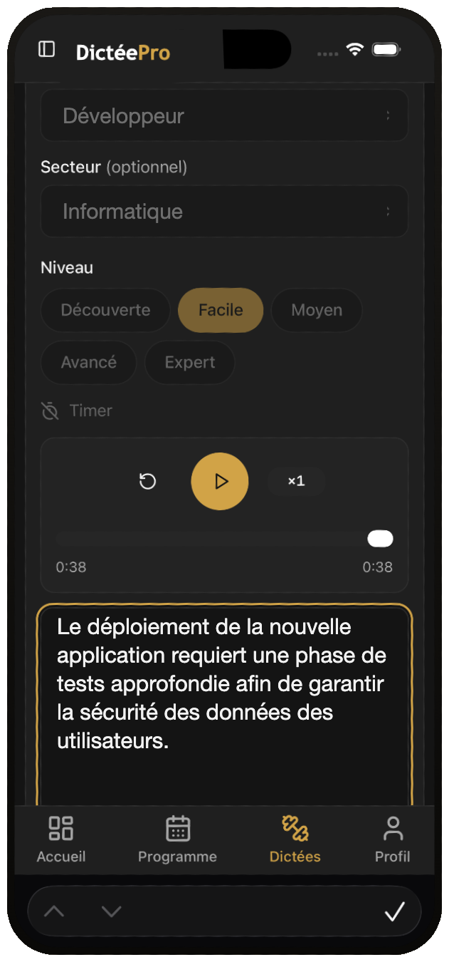 Écran de dictée DictéePro sur mobile