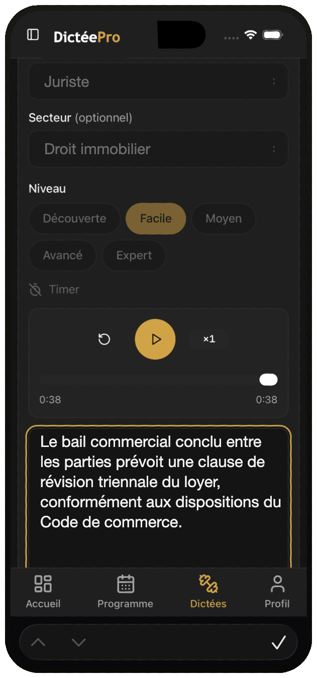 Écran de dictée DictéePro sur mobile
