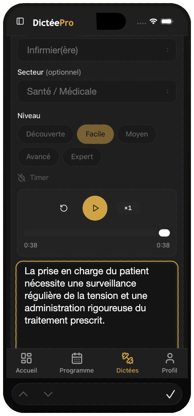 Écran de dictée DictéePro sur mobile