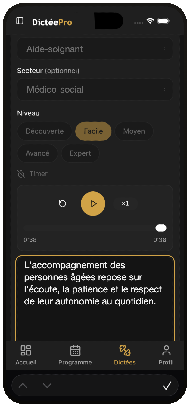 Écran de dictée DictéePro sur mobile