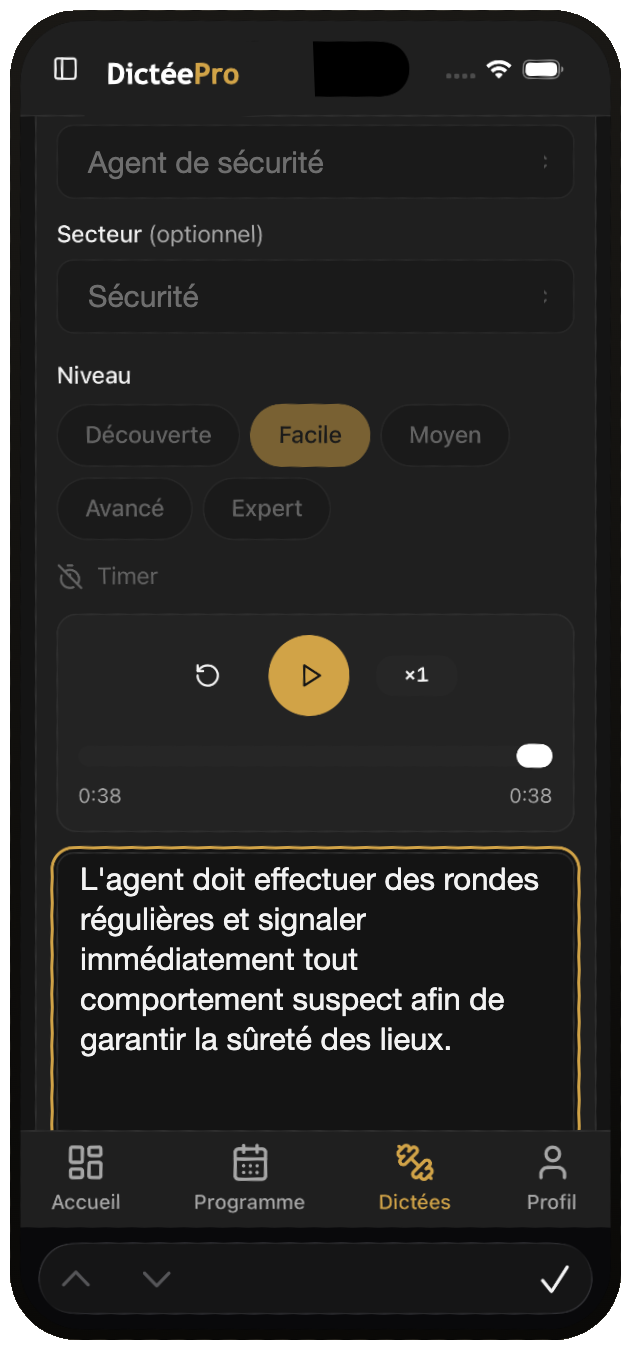 Écran de dictée DictéePro sur mobile