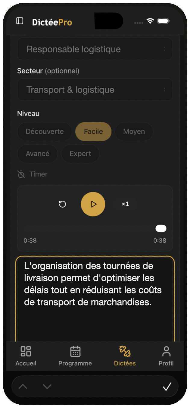 Écran de dictée DictéePro sur mobile